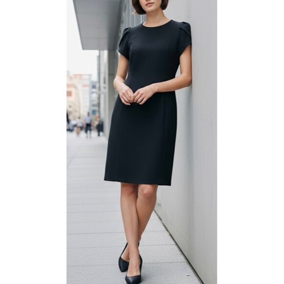Calvin Klein Short-Sleeve Sheath Dress Tulip Sleeve Back Gold Zipper Size 8 - Picture 1 of 16